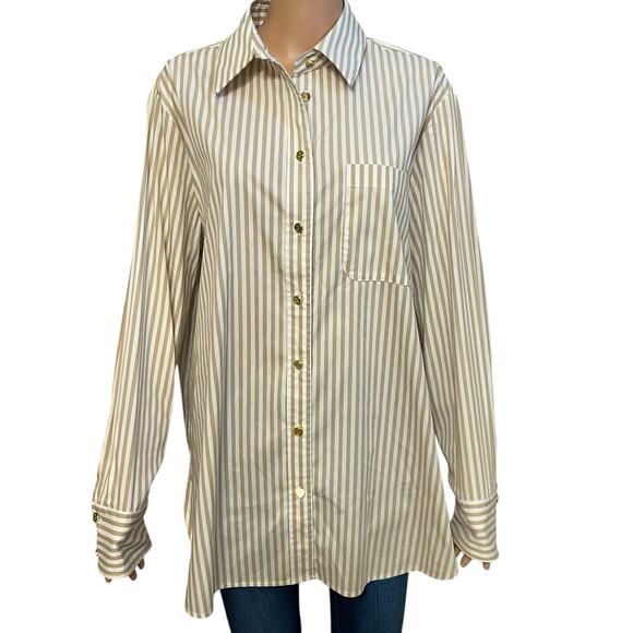 Jude Connally Tops - Jude Connally Kimber Button Down Tunic Top XL Long Sleeve Striped Sand Cotton
